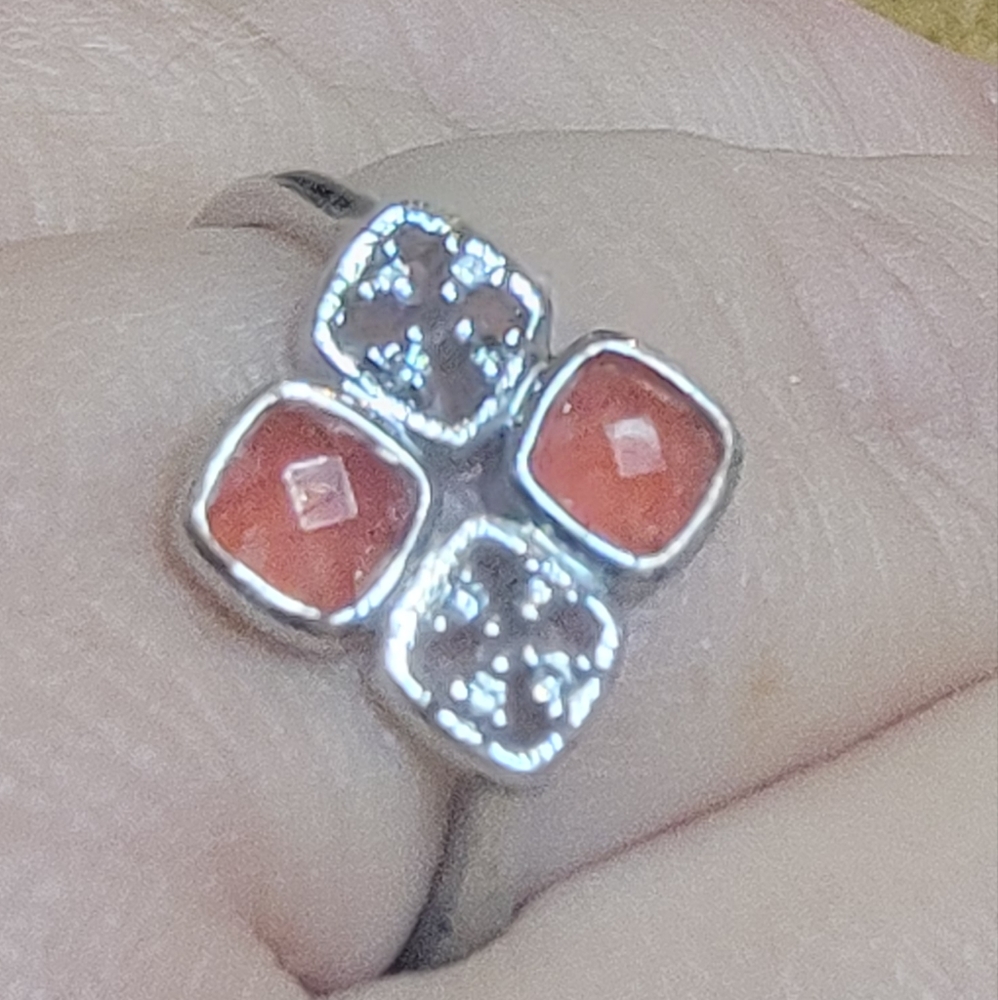 Genuine red quartz ring rhodium plated size 8